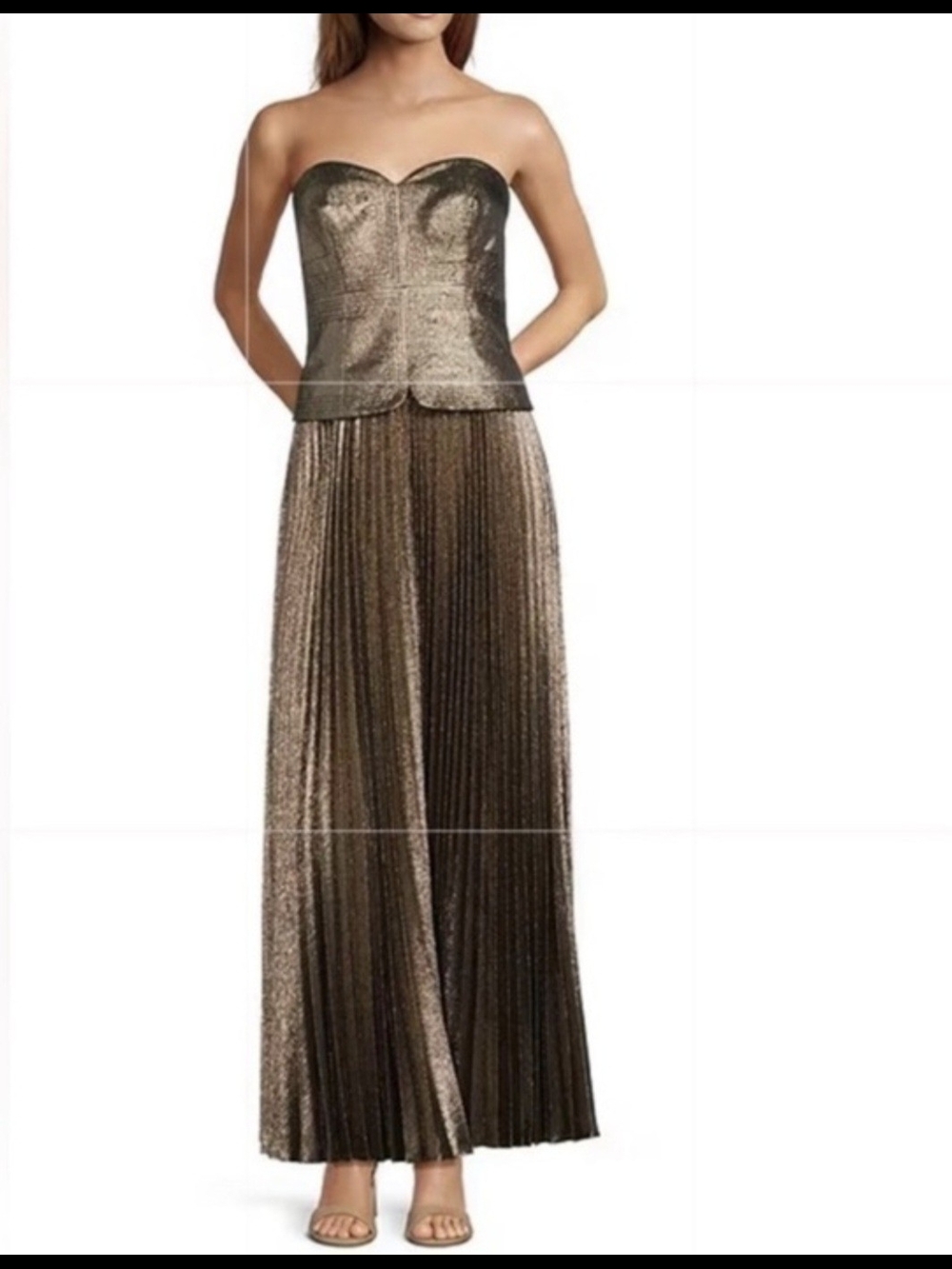 Strapless Metallic Bronze Pleated Gown